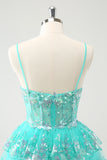 Cute Sparkly A-Line Green Spaghetti Straps Tiered Cocktail Dress with Sequins