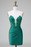 Dark Green Deep V Neck Applique Satin Mini Cocktail Dress