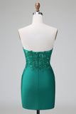 Dark Green Deep V Neck Applique Satin Mini Cocktail Dress