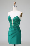 Dark Green Deep V Neck Applique Satin Mini Cocktail Dress