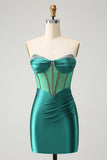 Sparkly Dark Green Strapless Corset Tight Cocktail Dress with Beading