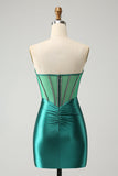 Sparkly Dark Green Strapless Corset Tight Cocktail Dress with Beading