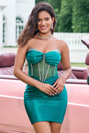 Sparkly Dark Green Strapless Corset Tight Cocktail Dress with Beading