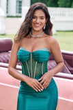 Sparkly Dark Green Strapless Corset Tight Cocktail Dress with Beading