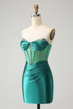 Glitter Dark Green Sweetheart Corset Tight Cocktail Dress with Beading