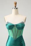 Glitter Dark Green Sweetheart Corset Tight Cocktail Dress with Beading