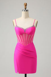 Glitter Fuchsia Beaded Tight Corset Short Cocktail Dress with Slit