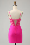 Sparkly Fuchsia Beaded Tight Corset Short Cocktail Dress with Slit