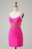 Glitter Fuchsia Beaded Tight Corset Short Cocktail Dress with Slit