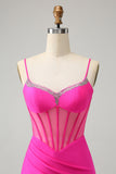 Glitter Fuchsia Beaded Tight Corset Short Cocktail Dress with Slit