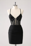 Sparkly Black Spaghetti Corset Short Cocktail Dress with Lace Up Back