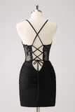 Sparkly Black Spaghetti Corset Short Cocktail Dress with Lace Up Back