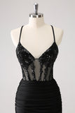 Sparkly Black Spaghetti Corset Short Cocktail Dress with Lace Up Back