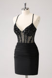 Sparkly Black Spaghetti Corset Short Cocktail Dress with Lace Up Back