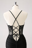 Sparkly Black Spaghetti Corset Short Cocktail Dress with Lace Up Back