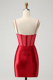 Glitter Fuchsia Spaghetti Straps Tight Corset Cocktail Dress with Beading