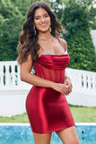 Glitter Dark Red Satin Corset Tight Short Cocktail Dress with Beading