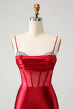 Glitter Dark Red Spaghetti Straps Beaded Corset Satin Cocktail Dress