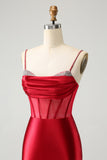 Glitter Dark Red Spaghetti Straps Beaded Corset Satin Cocktail Dress