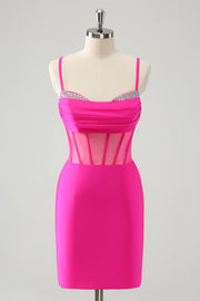 Glitter Fuchsia Spaghetti Straps Tight Corset Cocktail Dress with Beading