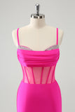 Glitter Fuchsia Spaghetti Straps Tight Corset Cocktail Dress with Beading