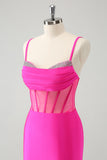 Glitter Fuchsia Spaghetti Straps Tight Corset Cocktail Dress with Beading