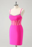 Glitter Fuchsia Spaghetti Straps Tight Corset Cocktail Dress with Beading