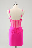 Glitter Fuchsia Spaghetti Straps Tight Corset Cocktail Dress with Beading