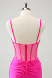 Glitter Fuchsia Spaghetti Straps Tight Corset Cocktail Dress with Beading