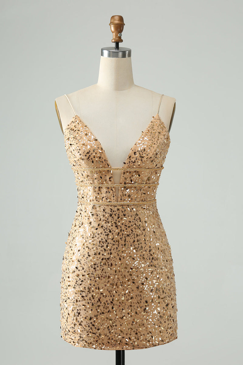 Load image into Gallery viewer, Sparkly Golden Bodycon Spaghetti Strap Cocktail Dress with Sequins