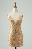 Sparkly Golden Bodycon Spaghetti Strap Cocktail Dress with Sequins