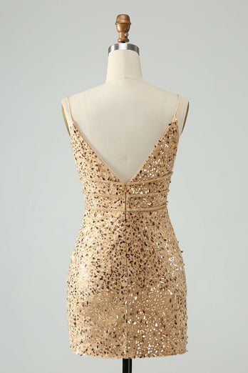 Sparkly Golden Bodycon Spaghetti Strap Cocktail Dress with Sequins