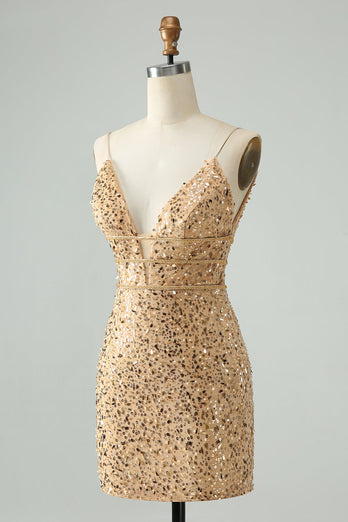 Sparkly Golden Bodycon Spaghetti Strap Cocktail Dress with Sequins
