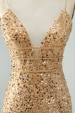 Sparkly Golden Bodycon Spaghetti Strap Cocktail Dress with Sequins