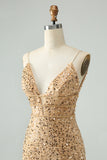 Sparkly Golden Bodycon Spaghetti Strap Cocktail Dress with Sequins