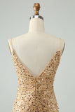 Sparkly Golden Bodycon Spaghetti Strap Cocktail Dress with Sequins