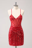 Sparkly Red Spaghetti Straps Sequin Short Tight Cocktail Dress