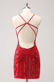 Sparkly Red Spaghetti Straps Sequin Short Tight Cocktail Dress