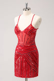 Sparkly Red Spaghetti Straps Sequin Short Tight Cocktail Dress