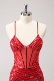 Sparkly Red Spaghetti Straps Sequin Short Tight Cocktail Dress