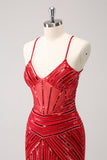 Sparkly Red Spaghetti Straps Sequin Short Tight Cocktail Dress