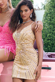 Sparkly Golden Tight Spaghetti Straps Backless Cocktail Dress with Sequins