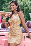 Sparkly Golden Tight Spaghetti Straps Backless Cocktail Dress with Sequins