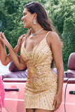 Sparkly Golden Tight Spaghetti Straps Backless Cocktail Dress with Sequins