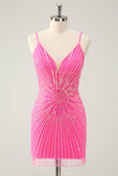 Spaghetti Straps Fuchsia Bodycon Cocktail Dress with Sequins