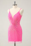 Spaghetti Straps Fuchsia Bodycon Cocktail Dress with Sequins