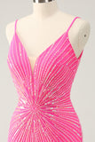 Spaghetti Straps Fuchsia Bodycon Cocktail Dress with Sequins