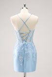 Blue Spaghetti Straps Corset Tight Cocktail Dress Dress with Sequins