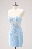 Blue Spaghetti Straps Corset Tight Cocktail Dress Dress with Sequins