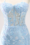 Blue Spaghetti Straps Corset Tight Cocktail Dress Dress with Sequins